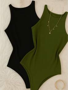 Kit 2 Bori Women's Bodysuits Basic Tank Top Casual Style Lined Second Skin Leotard Chic Timeless - 黑色/軍綠色 - 查看 2