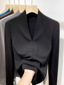 Damen Große Größen V-Ausschnitt Langarm T-Shirt, Slim Fit modischer Lässig Layering Top, Herbst/Winter