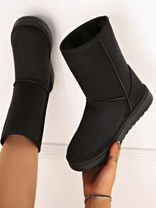 Botas de nieve con pelaje para mujer hasta la pantorrilla, botas negras, botas de cuero de PU con cierre deslizante, a prueba de viento y cálidas para invierno, Navidad y vacaciones, botas negras de unicolor con estilo occidental y forro de peluche para el hogar y las vacaciones