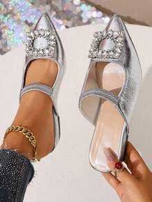 Mulas com Solado Grosso de Strass Prateado, Chinelos de Bico Fino com Sola Grossa na Moda, Mocassins Casuais com Salto Tipo Cunha e Sem Parte Traseira, Adequados para Vestidos, Primavera e Outono