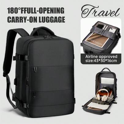 Myco 男女旅行背包，43*30*16厘米，个人物品包，飞机认证，随身行李包，可容纳17.3英寸笔记本电脑，防水，带7个口袋，商务工作，黑色