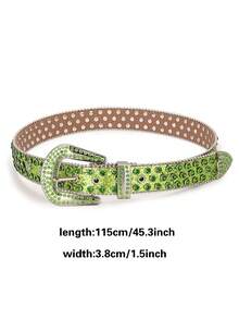 1pc Green Rhinestone Shiny Diamond Decor Y2K Waist Belt, Square Buckle PU Punk Rivet Belt, Unisex Suitable For Nightclub, Hip-Hop, Rock, Party, Christmas