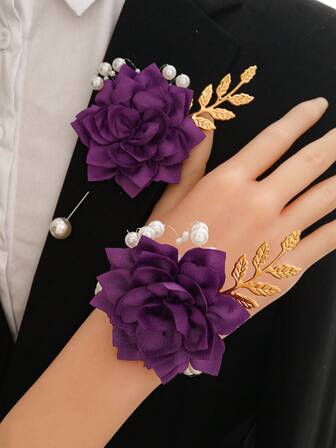 1 pieza Flor de pecho + 1 pieza Flor de muñeca, Camelia púrpura con decoración de cuentas y hojas, Corsage de novia, Flor de muñeca para dama de honor, Fiesta de boda, Baile de graduación, Accesorio diario