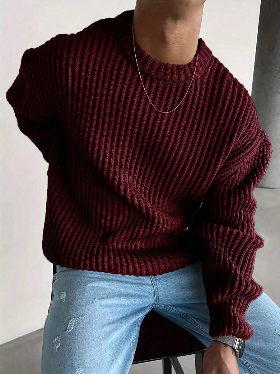 白悦男士复古硬币图案针织毛衣，宽松圆领套头衫，秋冬款 - 紅色 - 查看 1