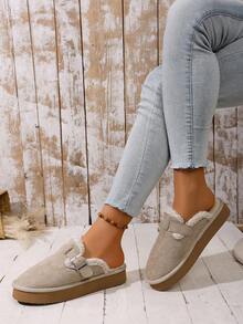 Pantoufles fourrées grande taille pour femmes, semelle épaisse, chaussons fourrés à enfiler fermés pour l'automne/l'hiver - Nude - Voir 4
