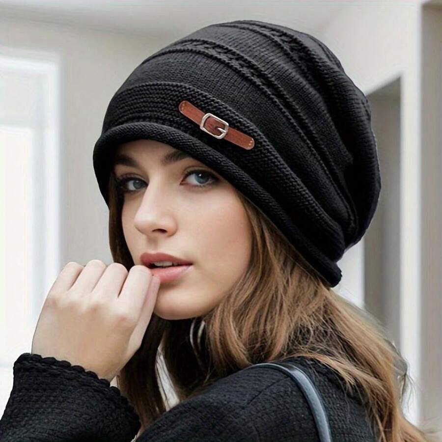 Autumn And Winter Fleece-Lined Warm Beanie - Black - View 1