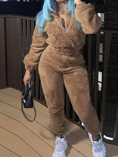 2025 New Women's Solid Color Fleece Two-Piece Set, Zipper Long-Sleeved Top And Slim-Fit Pants, Machine Washable, Winter Clothes For Women