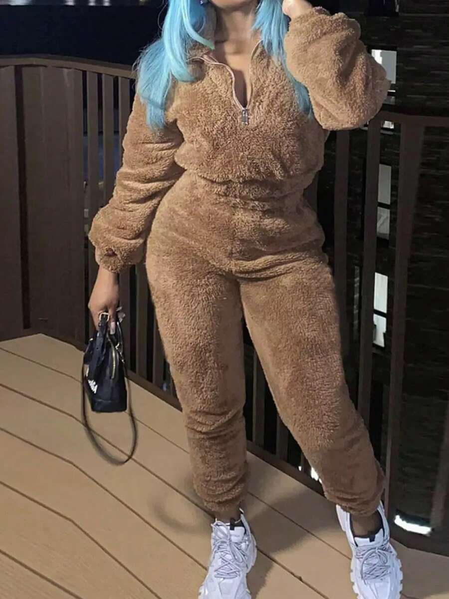 2025 New Women's Solid Color Fleece Two-Piece Set, Zipper Long-Sleeved Top And Slim-Fit Pants, Machine Washable, Winter Clothes For Women - 棕色 - 查看 1