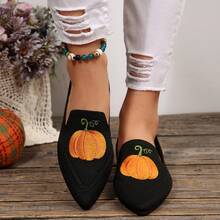 Women's Flat Slip-On Shoes, Pointed Toe Comfortable Spring/Autumn Shoes, Pumpkin Pattern Versatile Casual Loafers
