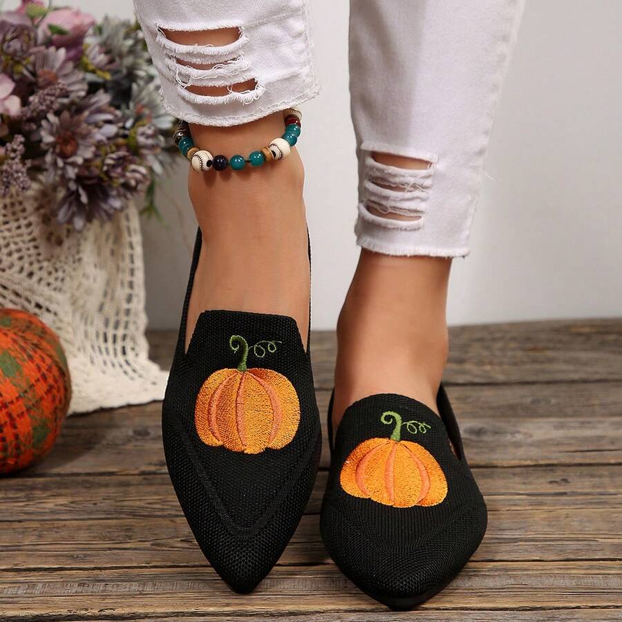 Women's Flat Slip-On Shoes, Pointed Toe Comfortable Spring/Autumn Shoes, Pumpkin Pattern Versatile Casual Loafers