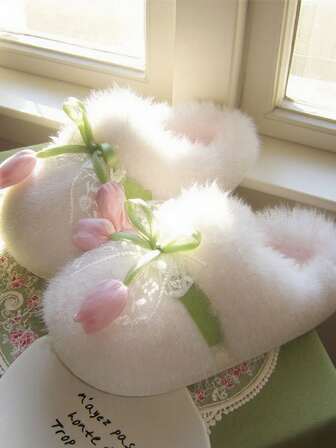 Women's Casual White French Tulip Lace Design Indoor Slippers, Non-Slip, Warm, Thick Soft Bottom, Comfortable, Spring/Autumn/Winter