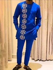 Men's Casual Long-Sleeved Two-Piece Suit, Mid-Length Top And Trousers - Màu xanh lam - Xem 1