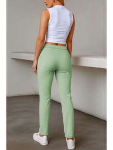 Elegante conjunto de traje azul de manga larga para mujer con cuello chal pantalones largos y detalles de botones - verde menta - Ver 3