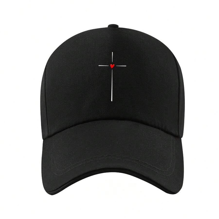 Unisex Polyester Baseball Cap, Sports Style, Soft Fabric With Slight Elasticity, Geometric Cross And Heart Pattern, Adjustable Buckle Closure - 黑色的 - 查看 1