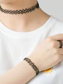 1pc Necklace / 3pcs Necklace + Bracelet + Ring Tattoo Choker Set: Necklace, Bracelet, Ring - Blending 90s Necklace Style With 2000s Y2K Vintage Fashion - Stretchy Tattoo-Inspired Jewelry Accessories For Adults