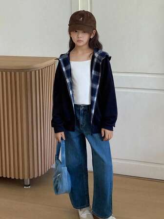 女童格子拼布夹克，时尚连帽外套，时尚独特，引人注目，秋冬