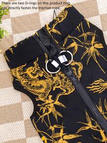 1pc Black Background Golden Dragon Totem Print Gourd Quilted Cotton Dog Coat With Back Zipper, Washable Pet Jacket Suitable For Large, Medium And Small Dogs, For Indoor Or Outdoor Wear
