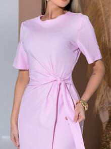 Long Dress With Short Sleeves With Belt Formal And Evening V775 - Baby Pink - View 7