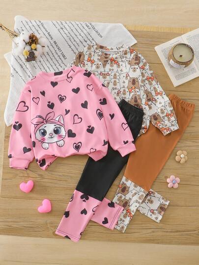 2 Stücke Mädchen Herbst/Winter Lässig Katzen Herz Muster Langarm Top & Hose Set, 2 Stücke Kaktus Muster Langarm Top & Hose Set