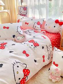 Sanrio 可爱印花 2/3 件床上用品套装 - Hello Kitty/Kuromi/Cinnamoroll/Pochacco（1 件羽绒被套 + 1/2 件枕套，无填充物）卡通全尺寸，柔软舒适，适合宿舍、家庭卧室、酒店、所有季节，带拉链开合和枕套，多色，超大床上用品套装，超大羽绒被套 - 波點凱蒂 - 查看 6