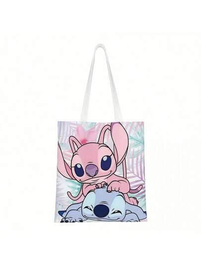 حقيبة يد ديزني ستيتش آند أنجل - حقيبة يد متينة بطبعة كرتونية لطيفة مع حزام ثابت، تصميم مفتوح من الأعلى لأزياء النساء، قابلة للغسل اليدوي للاستخدام اليومي الكاجوال، محفظة ديزني، مصنوعة من قماش عالي الجودة، حقيبة كتف واحدة