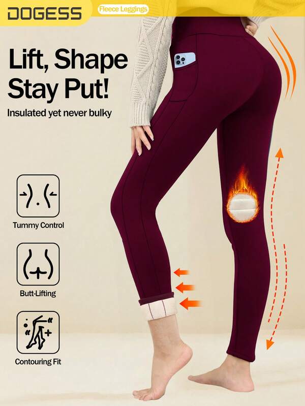 1 Pair Thick Fleece Lined Warm Tights With 2 Pockets Women High Waist With Embroidery For Winter Outdoor Sports Yoga, Running And So On.