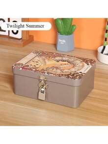 带锁和钥匙的复古锡盒，用于化妆品、文件、珠宝和其他家居用品的桌面收纳盒，适合返校使用