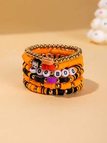 6-Piece/Set Halloween Themed Party Retro Ghost Pumpkin Polymer Clay Bead Bracelet Set,Bracelets For Women Set,Bracelet Stack,Halloween Decor Jewelry,Halloween Stuff,Vintage Western Jewelry,Suitable For Ladies To Wear On Halloween