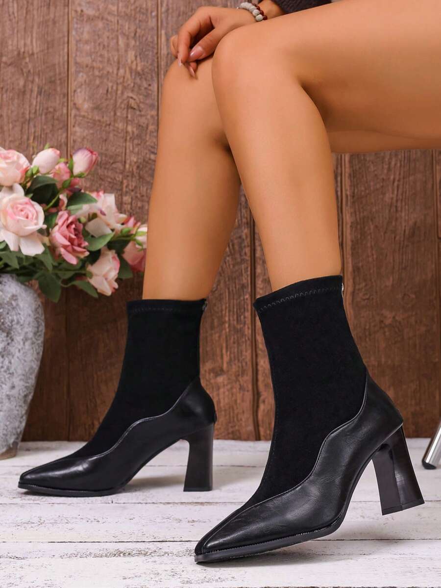 Women's Western Style Square Toe Chunky Heel Ankle Boots, Back Zipper Short Boots For Commute, Party, Minimalist Sexy High Heels