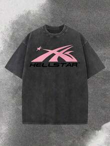 Worn-Out Washed Men's Short-Sleeved Shirt, Featuring A Pink Meteor Flame Human Face Pattern In Letters On A Double-Sided Print, Retro Casual Loose Men's-Shirt, Comfortable And Versatile Men's Clothing L4OM - 黑色 - 查看 2