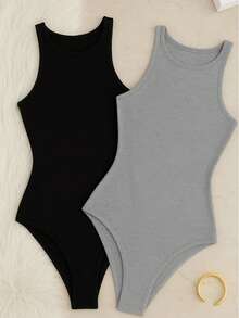 Kit 2 Bori Women's Bodysuits Basic Tank Top Casual Style Lined Second Skin Leotard Chic Timeless - 黑/灰 - 查看 2