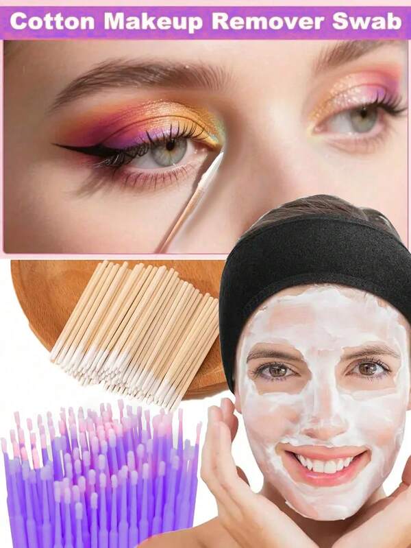 201 piezas (Bastoncillos de algodón de color aleatorio) Los bastoncillos de algodón de colores aleatorios son para los ojos. Paquete de diademas elásticas para deportes y yoga, bastoncillos de algodón con punta de madera, bastoncillos de algodón pequeños para tatuajes, cejas, belleza, maquillaje y uñas