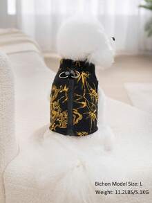 1pc Black Background Golden Dragon Totem Print Gourd Quilted Cotton Dog Coat With Back Zipper, Washable Pet Jacket Suitable For Large, Medium And Small Dogs, For Indoor Or Outdoor Wear