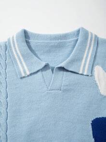 Jersey de cuello de polo con patrón de letras y números en inglés, unicolor, suelto y casual, con cuerda retorcida, lindo y juvenil, para otoño/invierno