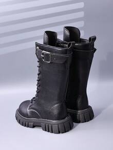 女童圆头厚底高筒马靴，儿童长靴，防滑，适合学校、校园、幼儿及大童，秋冬季 - 黑色 - 查看 2