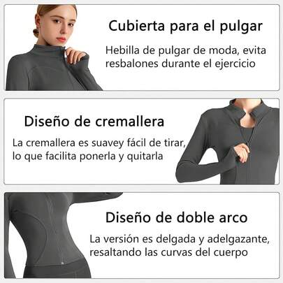 Chaqueta deportiva ajustada para mujeres, chaqueta de yoga para correr con doble cintura curvada y agujeros para los pulgares