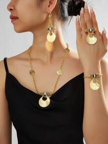 Mgyi Gold-Colored Copper Fashionable And High-End Luxury Retro Jewelry Set For Women,18K Gold Plated Elegant Luxury Square Design Necklace, Earrings, Bracelet, Ring For Women, Suitable For Nigeria, Dubai, Middle East, Saudi Arabia Bridal Wedding, Daily Wear, Wedding Anniversary Gift, Halloween Gift For Friends