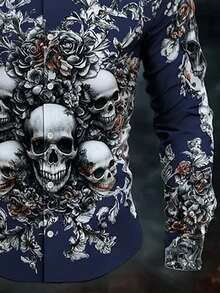 Men's Long Sleeve Shirt, Vintage Skull & Floral Print, Gothic Style, Suitable For Halloween, Christmas, Day Of The Dead, Casual & Formal Wear, Fall