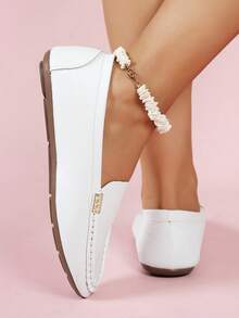 New Plus Size Lightweight Slip-On Loafer Flats, Versatile For Daily, Commute, Solid Color, Metal Buckle, Round Toe, Breathable Linen Fabric, Handmade Floral Trim, Casual Ladies Moccasins, Suitable For Spring, Summer, All Seasons - White - View 3