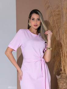 Long Dress With Short Sleeves With Belt Formal And Evening V775 - Baby Pink - View 5