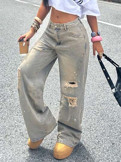 Casual Vintage Distressed Loose Straight Leg Jeans