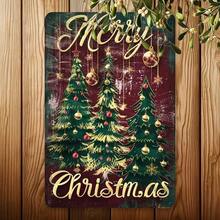 Décoration murale en métal d'arbre de Noël vintage 2D plat - Lettrage de Joyeux Noël orné élégant en or et rouge avec un sapin vert foncé - Décoration intérieure/extérieure en aluminium robuste pour la maison, la ferme, le bureau - Matériel de montage facile inclus - Cadeau de fête parfait - Impression 2D plate rétro avec boules dorées et lettrage cursif - Panneau carré festif monté au mur pour les décorations de Noël, 2D plat, panneaux en métal