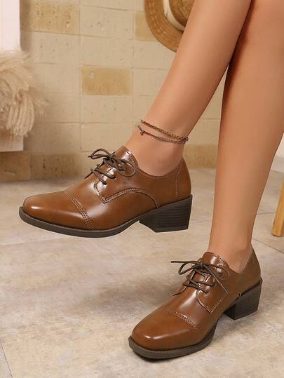 Lace-Up Chunky Heel Loafers For Women, Retro High Heel, Soft Sole, British Style Fashion Shoes, Spring/Autumn