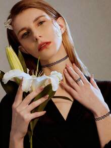 1pc Necklace / 3pcs Necklace + Bracelet + Ring Tattoo Choker Set: Necklace, Bracelet, Ring - Blending 90s Necklace Style With 2000s Y2K Vintage Fashion - Stretchy Tattoo-Inspired Jewelry Accessories For Adults