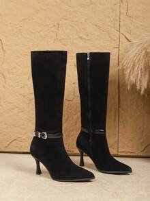 Women's Over-The-Knee Boots, New Autumn/Winter Commuting Versatile Slim Heel Elastic Slimming Tall Boots, Black Side Zipper High Heel Boots