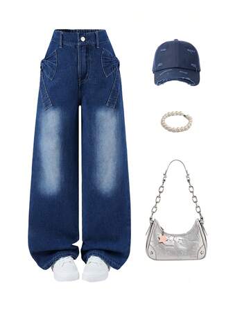 1 pieza Jeans de mezclilla de lavado oscuro con decoración de lazo, estilo retro casual y cómodo para niñas, nueva colección de otoño/invierno