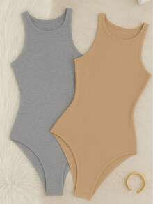 Kit 2 Bori Women's Bodysuits Basic Tank Top Casual Style Lined Second Skin Leotard Chic Timeless - 裸色/灰色 - 查看 1