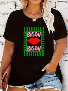 Women's Casual Short Sleeve T-Shirt - French-Inspired Graphic Print With BISOU & Red Lips Design, Stretchy - , Machine Washable Round Neck Top For Spring Summer Fall, Everyda - màu đen - Xem 1