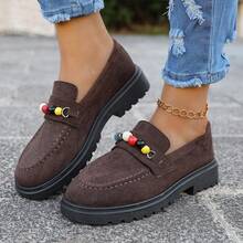 Mocassins Planos Vintage Feitos à Mão com Contas, Estilo Preppy de Cor Sólida em Camurça