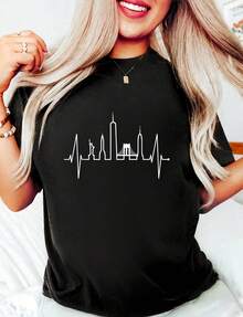 Camiseta divertida 100% algodón negro para mujer con diseño de skyline de Nueva York, latido cardíaco, Estatua de la Libertad, "I Love New York" - Camiseta gráfica de cuello redondo de manga corta casual para mujer, 220g de algodón puro de alta calidad con impresión minimalista, para disfraces de Halloween - Negro - Ver 1